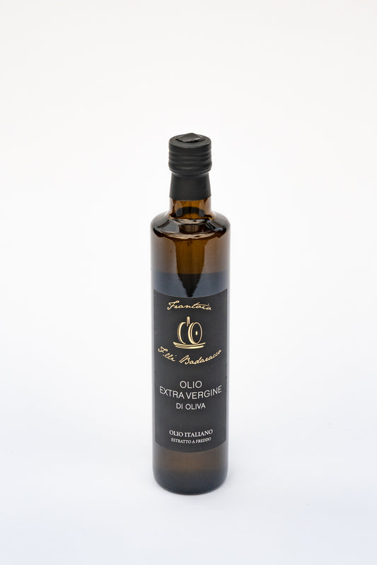 Extra virgin olive oil in a 0.5 liter bottle.