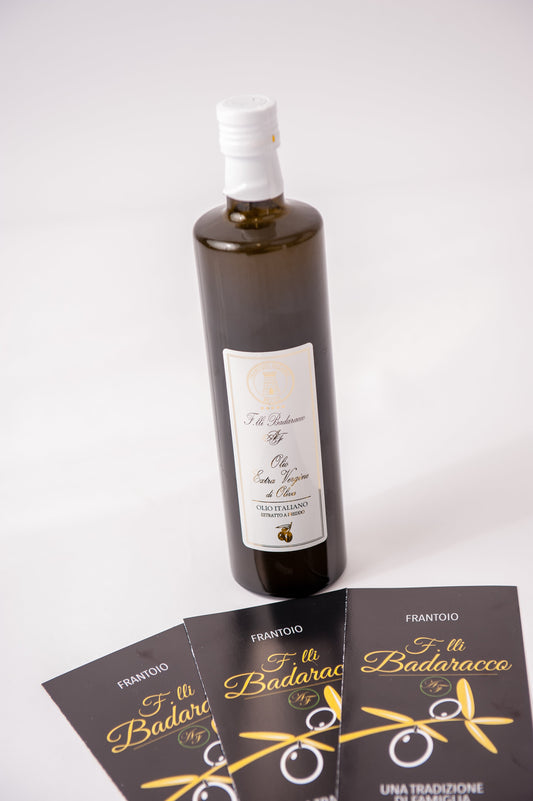Extra virgin olive oil in a 0.5 liter bottle.